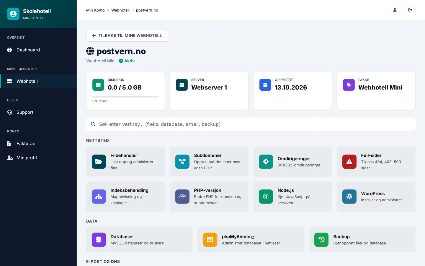 Kundepanelet: oversikt over ett webhotell med diskbruk, server, pakke og verktøy som filbehandler, subdomener, WordPress, databaser og backup
